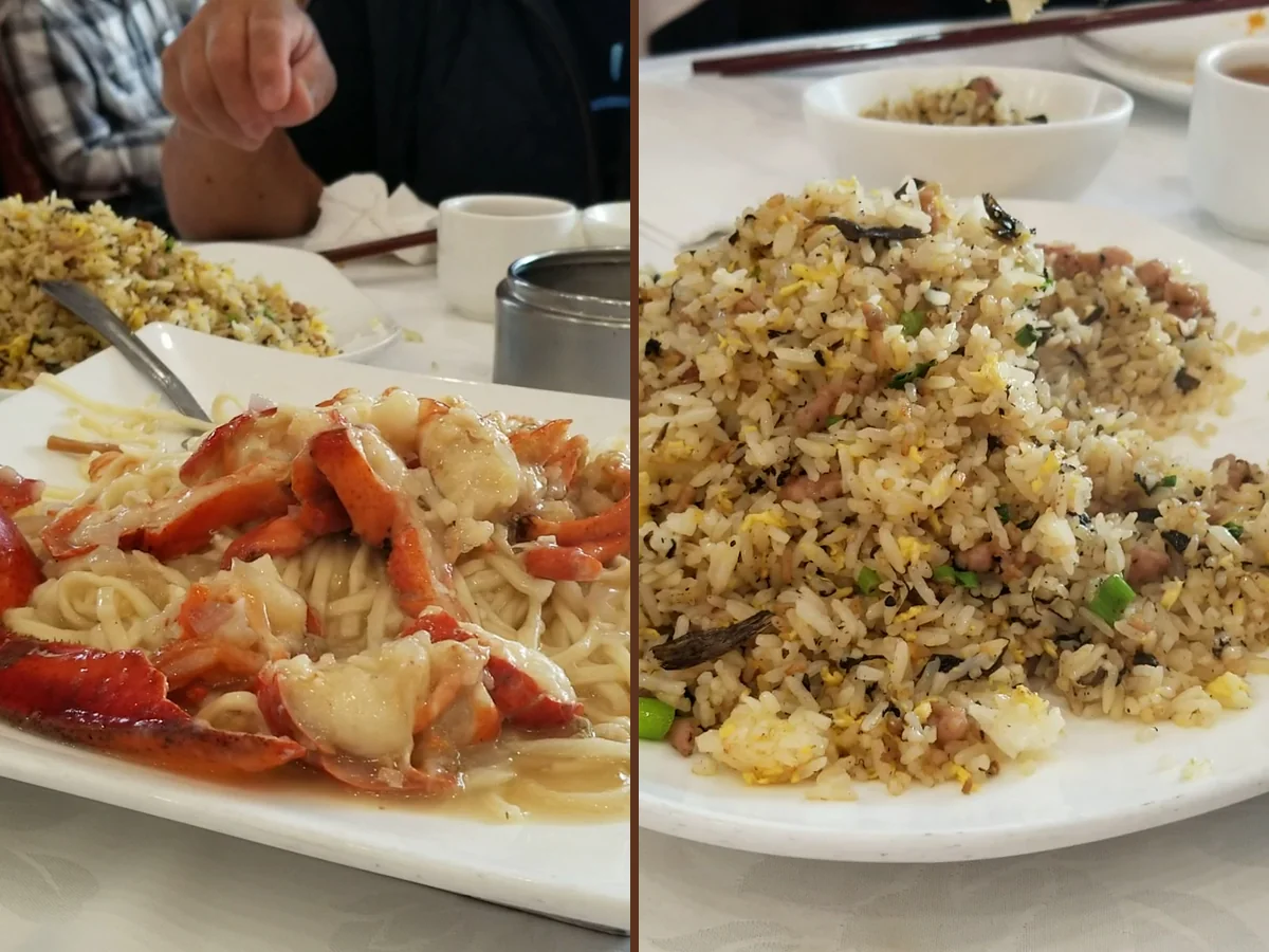 Dim sum plates on round restaurant tables.