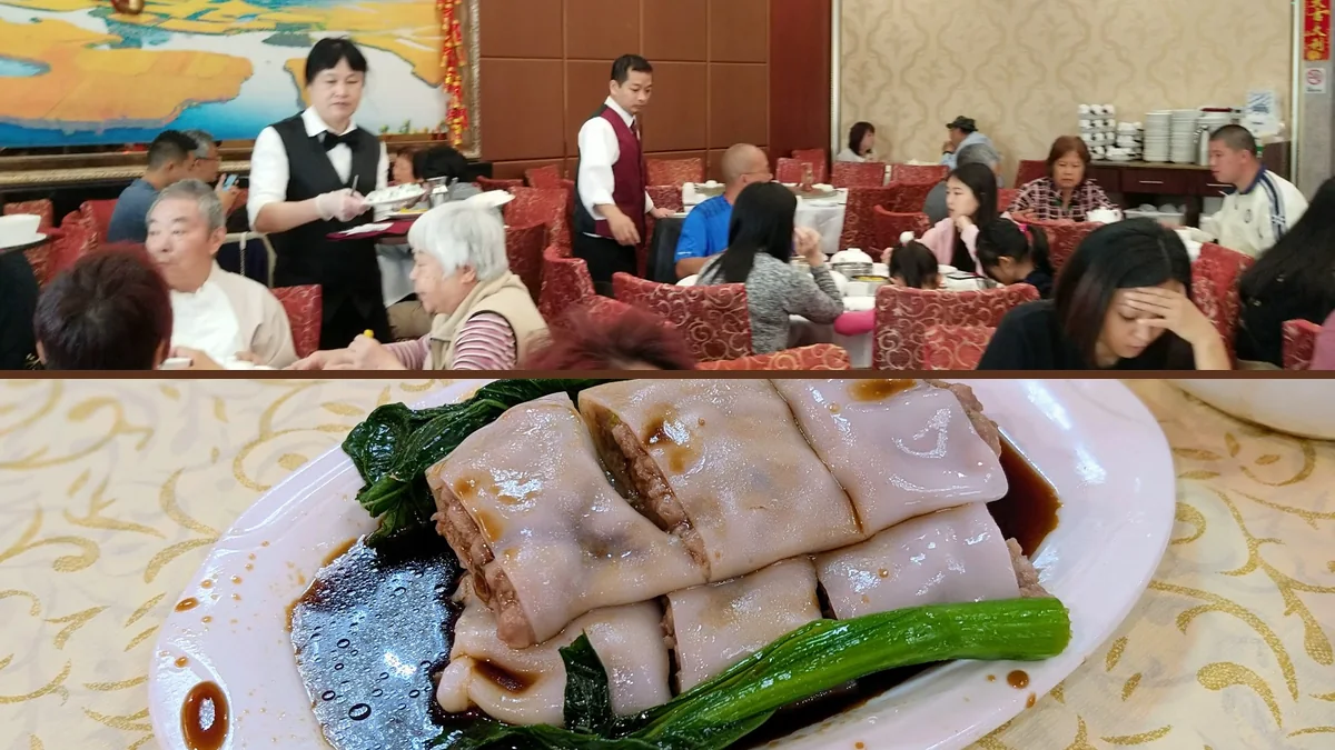 Dim sum plates on round restaurant tables.
